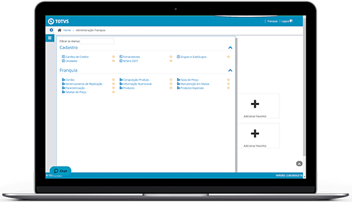 Tela real do módulo de administração de franquias do TOTVS Chef com cadastros centralizados da rede
